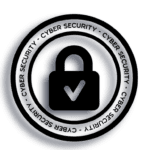 A black padlock that's locked that has a white check mark in the middle. The lock is surrounded by the word cybersecurity. 