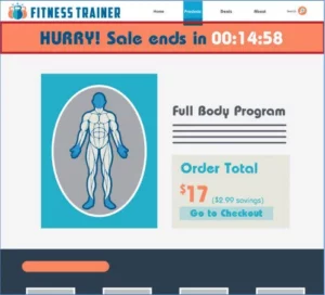 Example fitness site with a fake countdown time created by the Federal Trade Commission to illustrate a dark pattern