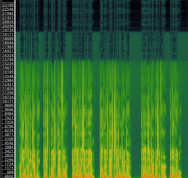 Spectrogram of an A.I. generated voice. There's a lot of greens and yellows and very little red when looking at frequency/decibels.It's also very blocky and compressed looking.