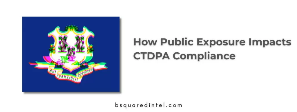 Image: Glitched Connecticut state flag representing digital risk and public exposure Text: How Public Exposure Impacts CTDPA Compliance Text at bottom is Bsquared Intel's site bsquaredintel.com